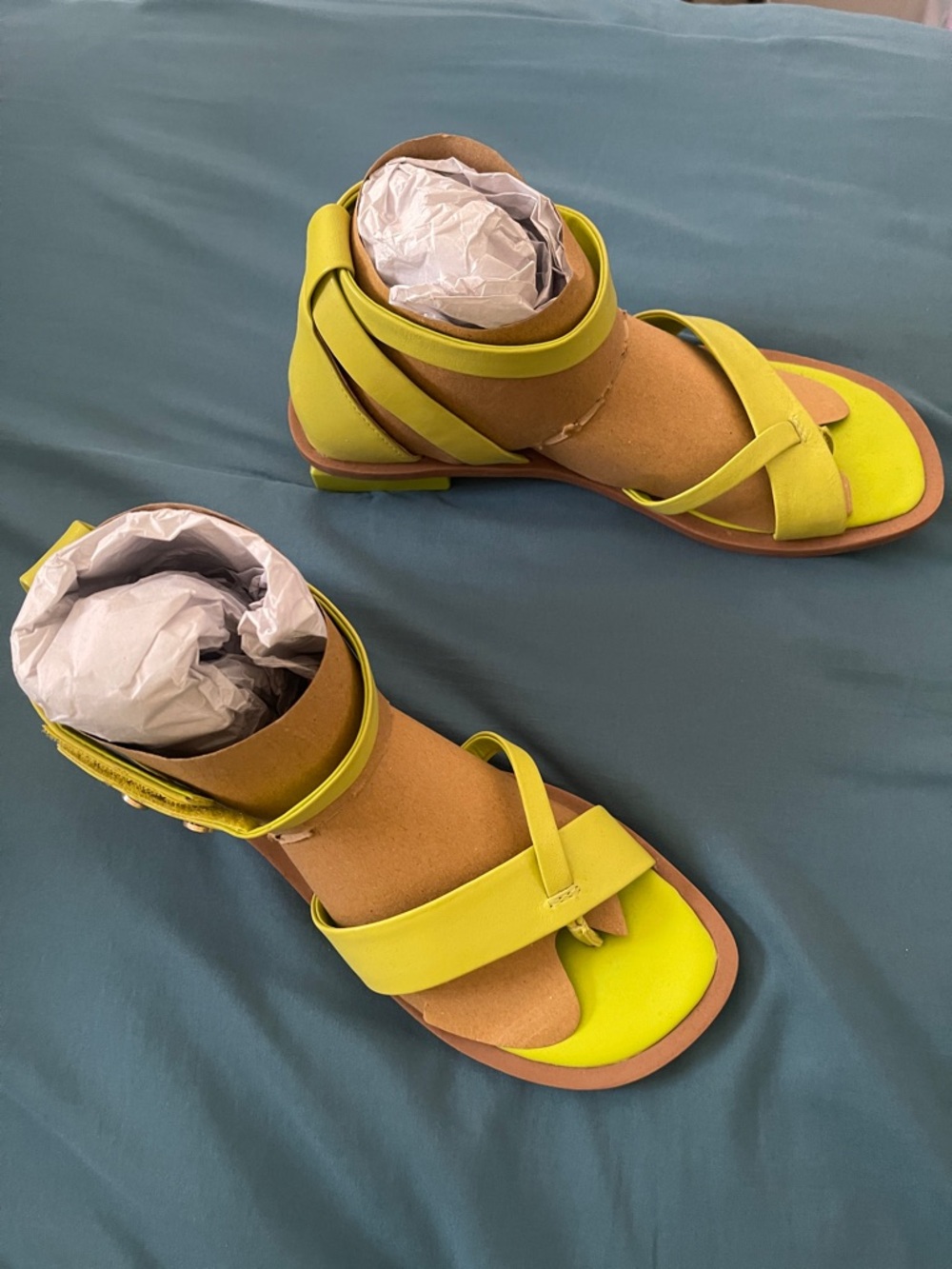 Franco Sarto Green/ Yellow Strappy Flat Sandals - Picture 3 of 5